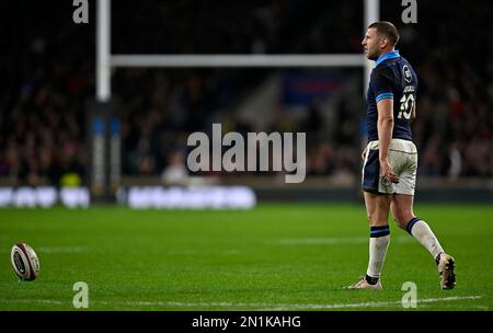 Twickenham. Vereinigtes Königreich. 04. Februar 2023 England V Schottland, Culcutta Cup, Guinness 6 Nations. Twickenham-Stadion. Twickenham. Finn Russell (Schottland) bereitet sich auf das Rugby-Spiel England V Scotland, Culcutta Cup in den Guinness 6 Nations vor. Stockfoto