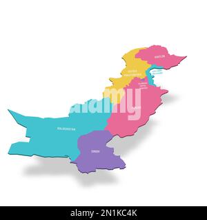 Politische Karte der Verwaltungseinheiten - Provinzen und autonome Gebiete in Pakistan. Farbige 3D-Vektorkarte mit Namensbezeichnungen. Stock Vektor