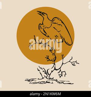 Lineare Darstellung des Rabens, der auf dem Baum sitzt. Happy Halloween im beigen Hintergrund. Stock Vektor