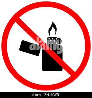 Verbotsschild mit Feuerzeugsymbol auf weißem Hintergrund. Silhouettensymbol stoppen. Rauchverbot-Schild. Flacher Stil. Stockfoto