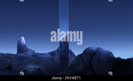 Abstraktes futuristisches Designelement in der Berglandschaft bei Nacht mit blauem Sternenhimmel. Tapete, Hintergrund, Poster Stockfoto