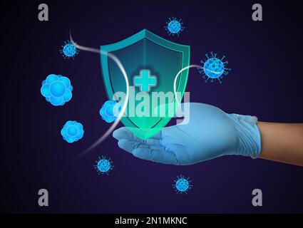 Immunologe und Schild mit Kreuz als Symbol des Virenschutzes auf blauem Hintergrund, Nahaufnahme Stockfoto