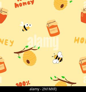 Nahtloses Honigmuster im Kritzelstil mit einer Biene, einem Honiglöffel, einem Bienenstock und einem Schriftzug Stock Vektor