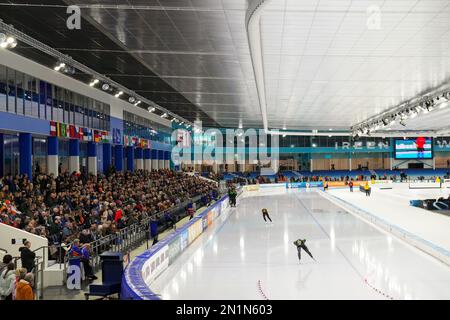 HEERENVEEN, NIEDERLANDE - FEBRUAR 5: Fans und Fans während der niederländischen Single Distances Speed Skating Championships 2023 am 5. Februar 2023 in Heerenveen, Niederlande (Foto: Douwe Bijlsma/Orange Pictures) Stockfoto