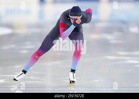 HEERENVEEN, NIEDERLANDE - FEBRUAR 5: Naomi Verkerk tritt am 5. Februar 2023 bei der niederländischen Single Distances Speed Skating Championships 2023 in Heerenveen, Niederlande an der Women's 1000m (Foto: Douwe Bijlsma/Orange Pictures) Stockfoto