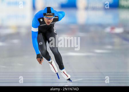 HEERENVEEN, NIEDERLANDE - FEBRUAR 5: Chris Fredriks tritt am 5. Februar 2023 während der niederländischen Single Distances Speed Skating Championships 2023 in Heerenveen, Niederlande an (Foto: Douwe Bijlsma/Orange Pictures) Stockfoto