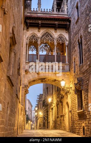 Das historische Barrio Gotico in Barcelona bei Sonnenaufgang mit der Pont del Bispe Stockfoto