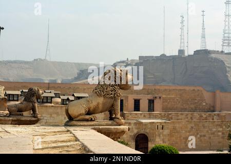 Löwenstatue an den Mauern der Zitadelle von Kairo oder der Zitadelle von Saladin, eine mittelalterliche Festung aus islamischer Zeit in Kairo, Ägypten, erbaut von Salah ad-DIN (S Stockfoto