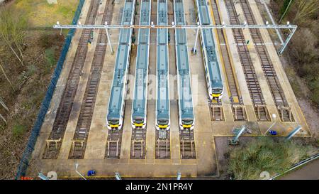 Bild bereitgestellt von Bav Media 07976 880732. Das Bild vom Februar 3 zeigt Thameslink-Züge, die in Bedfordshire als Zug dr. Stockfoto