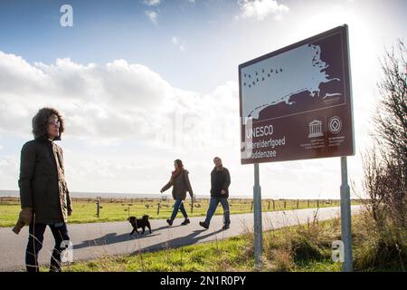 Niederlande, Besucher der Insel Vlieland lesen über das umliegende Waddenmeer, das zum UNESCO-Weltkulturerbe gehört. Stockfoto