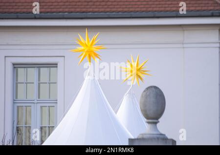 Mährische Stars auf Partyzelten, Innenhof des Wackerbarth Manor, Sitz des sächsischen Staatsweinguts in Radebeul bei Dresden, Sachsen, Deutschland, Europa. Stockfoto