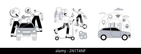 Urbaner Transport abstraktes Konzept Vektor Illustration Set. Carsharing-Service, städtischer Elektrotransport, autonomes Auto, Mietservice, City Lifestyle, Abstrakte Metapher für selbstfahrende Fahrzeuge. Stock Vektor