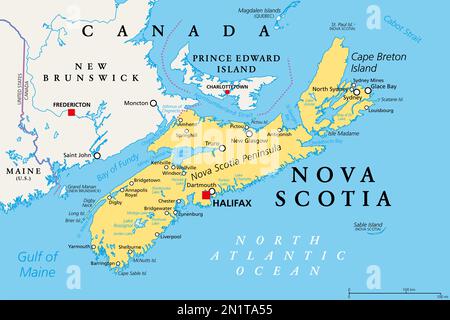 Nova Scotia, Maritime und Atlantic Province of Canada, politische Karte. Cape Breton Island und Nova Scotia Halbinsel, mit Hauptstadt Halifax. Stockfoto