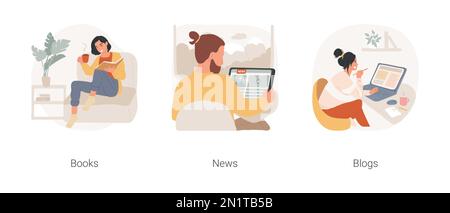 Eigenentwicklungsisoliertes Cartoon-Vektorbildungs-Set. Frau hält eine Tasse Kaffee und liest ein Buch, Mann liest Nachrichten online, junger Teenager liest Online-Blog, neuer Informationsvektor-Cartoon. Stock Vektor