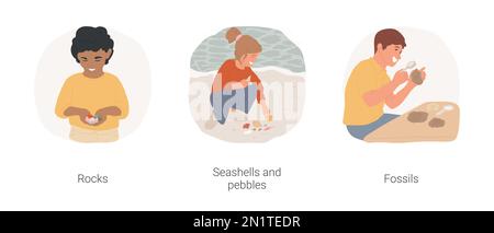 Sammeln von Naturgegenständen isoliertes Cartoon-Vektorbildungs-Set. Junge mit einer Handvoll farbenfroher Steine, Mädchen, stolz auf Muscheln und Kieselsteine, sammelt Fossilien, seltene Gegenstände, Vektorfilm. Stock Vektor