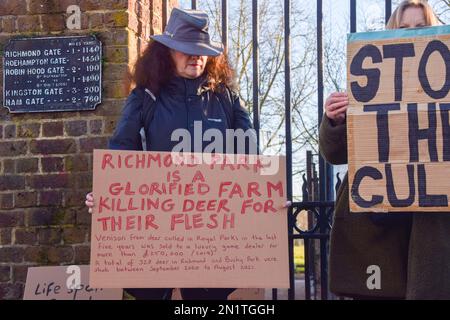 London, Großbritannien. 6. Februar 2023 Aktivisten versammelten sich vor dem Richmond Park, um gegen die Rehe zu protestieren. Die Aktivisten beschreiben den Park als „verherrlichten Hof“ und werfen der Parkleitung vor, dass sie es erlaubt habe, Rehe in großen Mengen zu züchten, um sie zu erschießen und das Fleisch zu verkaufen, anstatt verschiedene nicht tödliche Alternativen einzusetzen, um die Wildbestände unter Kontrolle zu halten. Kredit: Vuk Valcic/Alamy Live News Stockfoto