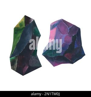 Schwarzer Obsidian. Aquarelle. Wurzelchakrasteine und Heilkristalle Stockfoto