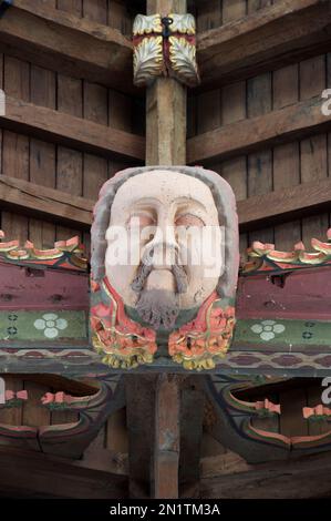 Eine Darstellung des Gesichts von Kardinal Morton, das in einen Deckensockel des einzigartigen Eichendachs der St. John the Baptist’s Church in Bere Regis, Dorset, Großbritannien, gehauen wurde. Stockfoto