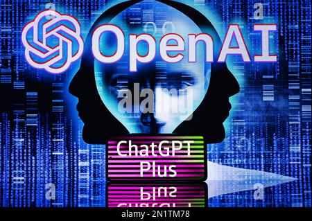 In dieser Fotoabbildung sind ChatGPT Plus-Sing auf Mobilgeräten und OpenAI auf dem Bildschirm zu sehen. Am 6. Februar 2023 in Brüssel, Belgien. Stockfoto