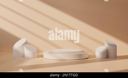 Einfaches weißes rundes Podium oder Sockel mit beigem Hintergrund. Erdige Farben mit abstrakten 3D-Formen. Digitales Rendering von 3D-Illustrationen Stockfoto