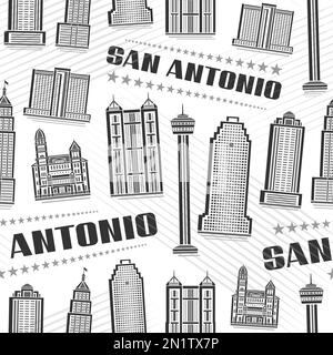 Vector San Antonio Nahtloses Muster, sich wiederholender Hintergrund mit Illustration der berühmten Stadtlandschaft auf weißem Hintergrund für Geschenkpapier, monochrome li Stock Vektor