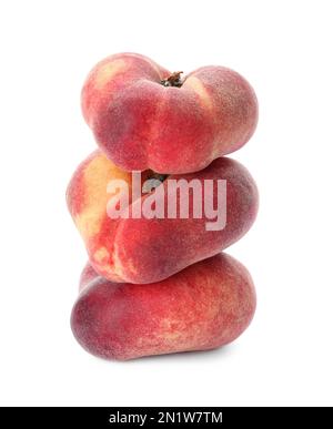 Frische reife Donut-Pfirsiche auf weißem Hintergrund Stockfoto