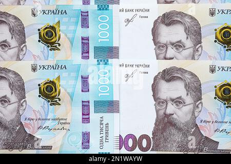 Ukrainisches Geld als Hintergrund, Draufsicht. Landeswährung Stockfoto