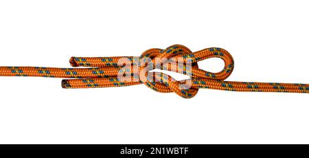 Beispiel für ein orangefarbenes Seil mit Banner- oder Riffknoten, weißer Hintergrund Stockfoto