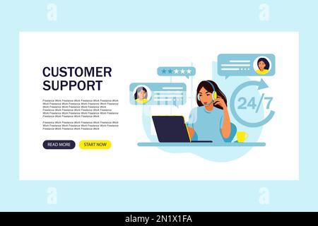 Kundensupport-Konzept. Ein Mitarbeiter der Hotline berät Kunden. Technischer Online-Support. Vorlage für Landing-Page. Vektorgrafik. Flach. Stock Vektor