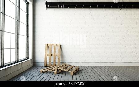 Leeres, industrielles Grunge-Interieur im Dachboden. Weiße Backsteinwand und großes Fenster, Abbildung 3D Stockfoto