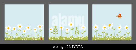 Naturlandschaft mit Gänseblümchen, Gras, Marienkäfer und Schmetterling. Darstellung der Feder. Stockfoto