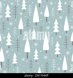 Süßes, nahtloses Muster mit Bäumen und Schneeflocken. Winterhintergrund. Stockfoto