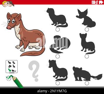 Cartoon-Darstellung der Suche nach dem richtigen Bild zum Schattenpädagogischen Spiel mit Wieseltiercharakter Stock Vektor