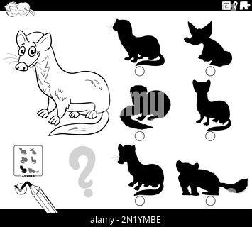 Schwarz-Weiß-Cartoon, in dem gezeigt wird, wie man das richtige Bild für das Schattenspiel findet, mit einer Seite zum Ausmalen von Wieseltieren Stock Vektor