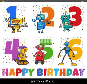 Zeichentrickdesign des Geburtstagskarten-Sets für Kinder mit Roboter-Fantasie-Figuren Stock Vektor