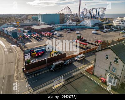 Blackpool Pleasure Beach BPB Aerial Update geschlossen Saison 2023, Inc Big One Re Tracking Stockfoto