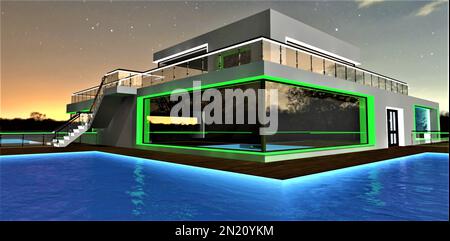 Fantastischer Abend auf dem Dach des gehobenen privaten Herrenhauses. Glühender Wasserpool auf der gemütlichen eingezäunten Terrasse mit Terrasse auf dem Boden. 3D-Rendering. Stockfoto