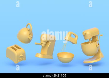 Espressomaschine, Handmixer, Wasserkocher und Toaster für die Zubereitung des Frühstücks auf monochromem Hintergrund. 3D Render der Kaffeeanne für die Herstellung von Latte Stockfoto