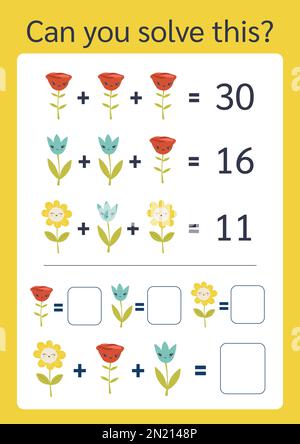 Mathematisches Rätsel, Vektorformat. Finden Sie die Antwort, Bildgleichungen. Rebus für Kinder und Erwachsene. Lernaufgabe, Hirntänzer, Blumenrechnen, Mathematik für Kinder, Vektor, leicht neu zu färben Stock Vektor