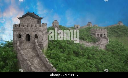 Malerischer Blick entlang der Chinesischen Mauer, eine beliebte Touristenattraktion im Fernen Osten. Fotorealistische 3D-Darstellung. Stockfoto