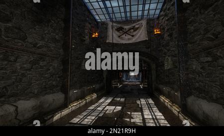 Dunkler, stimmungsvoller Tunnel in einer alten Fantasie-mittelalterlichen Burg. 3D-Rendering. Stockfoto