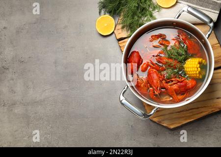 Frische, köstliche Flusskrebse im Topf auf grauem Tisch, flach liegend. Platz für Text Stockfoto