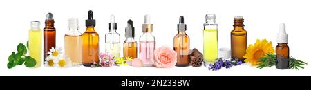 Set verschiedener ätherischer Öle, die in der Aromatherapie auf weißem Hintergrund verwendet werden, Bannerdesign Stockfoto