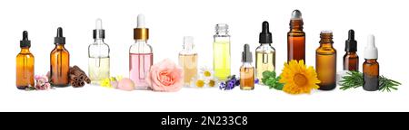 Set verschiedener ätherischer Öle, die in der Aromatherapie auf weißem Hintergrund verwendet werden, Bannerdesign Stockfoto