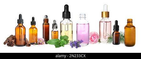 Set verschiedener ätherischer Öle, die in der Aromatherapie auf weißem Hintergrund verwendet werden, Bannerdesign Stockfoto