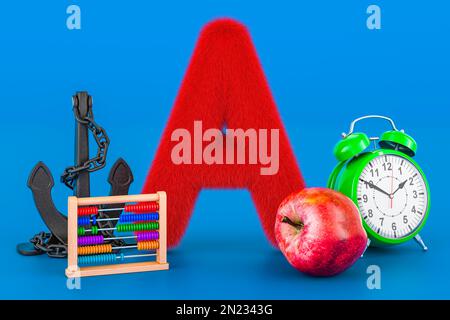 Kinder ABC, flauschiger Buchstabe A mit Apfel, Wecker, Abakkus, Akkordeon, Anker. 3D-Rendering auf blauem Hintergrund Stockfoto