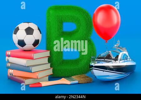 Kinder ABC, flauschiger Buchstabe B mit Ball, Ballon, Boot, Buch, Pinsel, Basketballball. 3D-Rendering auf blauem Hintergrund Stockfoto