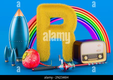 Kinder ABC, flauschiger Buchstabe R mit Rakete, Regenbogen, Radio, Angelrute, Rettich. 3D-Rendering auf blauem Hintergrund Stockfoto