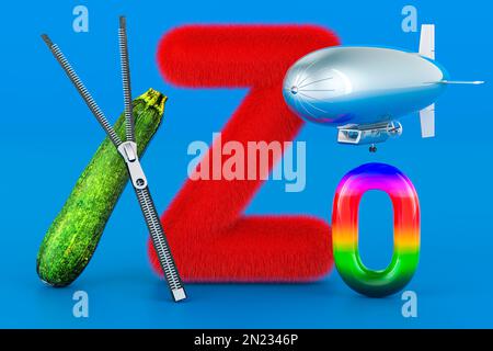 Kinder ABC, flauschiger Buchstabe Z mit Reißverschluss, Zeppelin, Zucchini, null. 3D-Rendering auf blauem Hintergrund Stockfoto