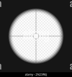 Monokulare Ansicht mit Maßstab und transparentem Hintergrund. Spion, Armee, Scharfschütze, Entdecker, Jäger oder optisches Touristeninstrument zum Verfolgen, Vergrößern, Erkunden, Erforschen. Vektordarstellung Stock Vektor